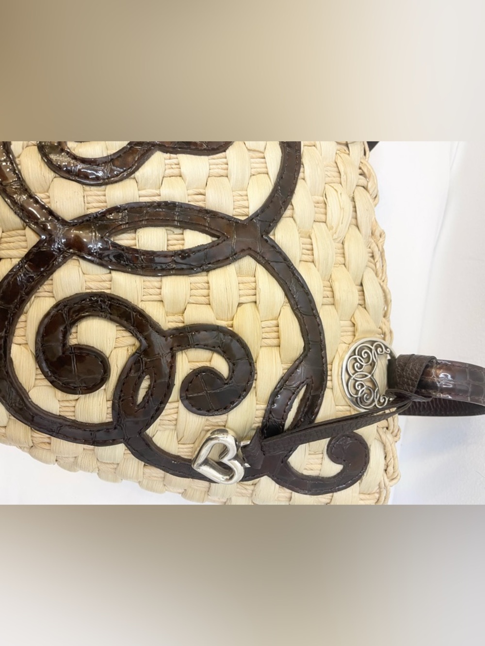 Brighton “Lyric “ Woven Straw Tote with Dark Brown Leather Trim and Heart Charm - Picture 9 of 13